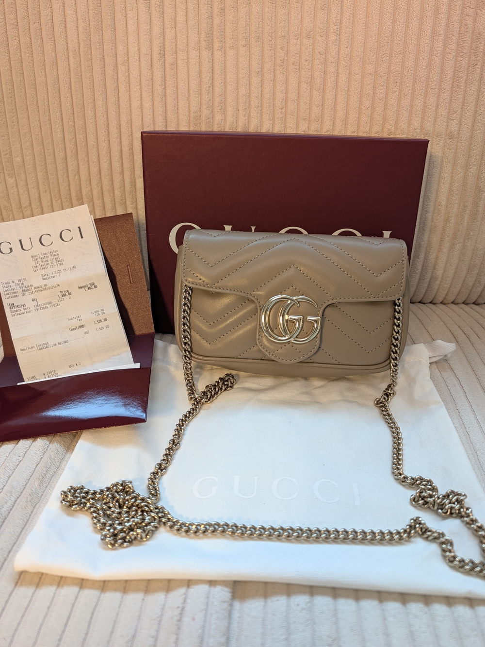 Gucci Taupe GG Marmont Mini Shoulder Bag with Gold Chain